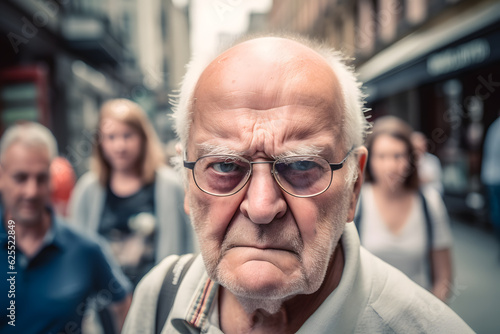 Funny old man with a grumpy face looking angrily at the camera. Shot on the street in a busy city. Generative AI