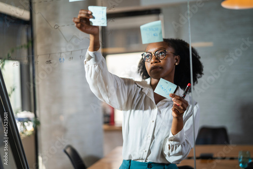 Businesswoman in conference room. Young African businesswoman making a business plan. Woman writing on the glass board in office..