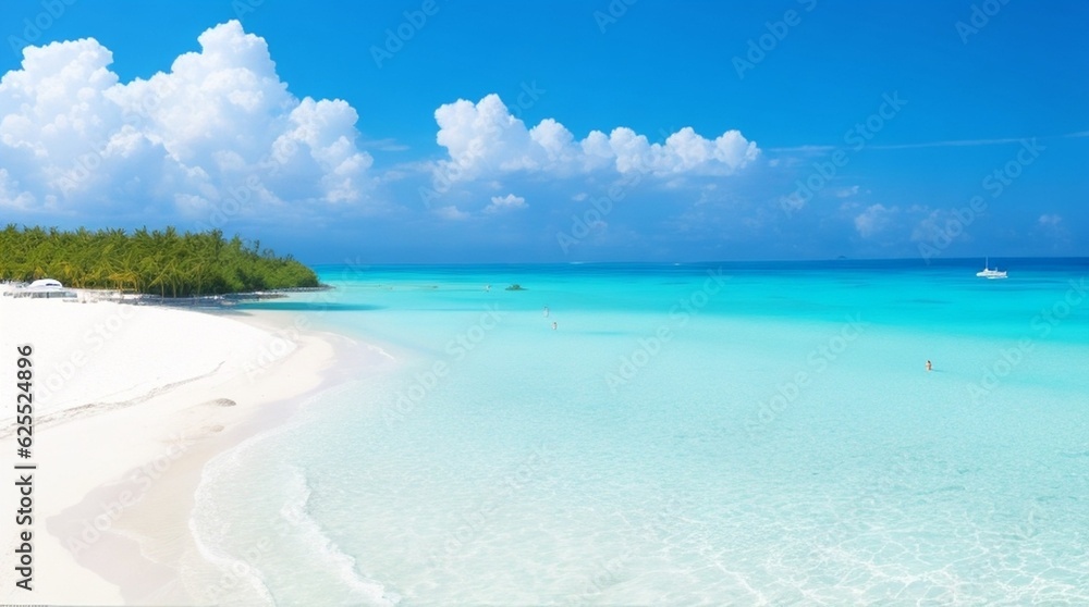 A sun-drenched beach with crystal-clear waters and white sand.