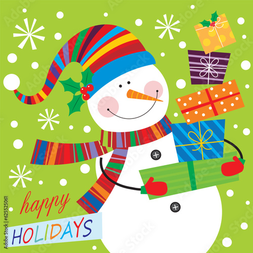 merry christmas card with snowman and gifts