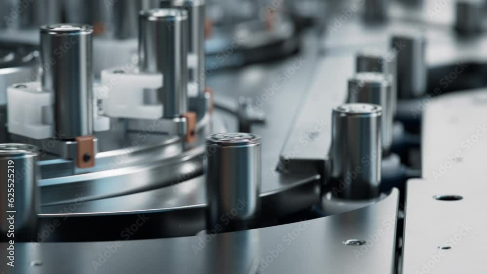 Close-up of Battery Cells for Automotive Industry on Production Line. High Capacity Batteries on Conveyor. Lithium-ion Cells for High-voltage Electric Vehicle Batteries Manufacturing Process Close-up of Battery Cells for Automotive Industry on Production Line. High Capacity Batteries on Conveyor. Lithium-ion Cells for High-voltage Electric Vehicle Batteries Manufacturing Process