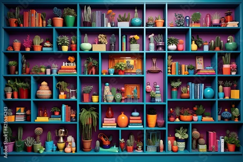 Stunning vibrant shelves adorned with various household items