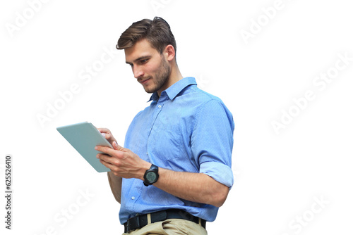 Obraz na płótnie Young man using his tablet on a transparent background