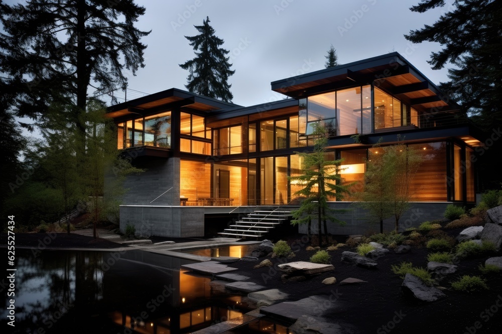 Fototapeta premium Contemporary residence located in Oregon during the evening hours