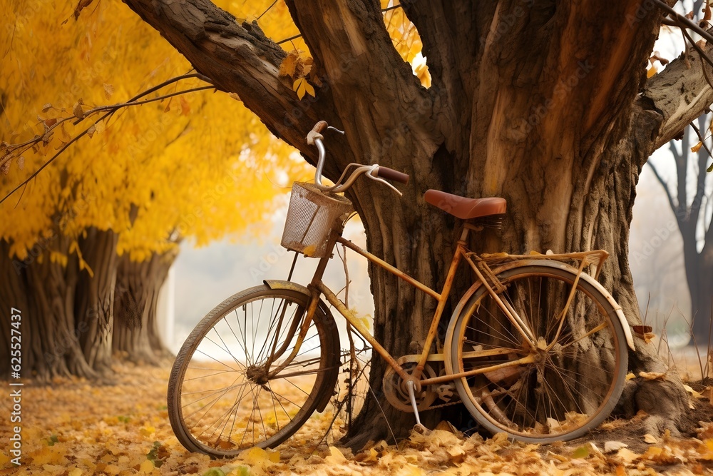 A nostalgic image depicting an old bicycle leaning against a tree surrounded by a carpet of colorful autumn leaves. 
The picture captures the charm and sentimentality of the fall season.