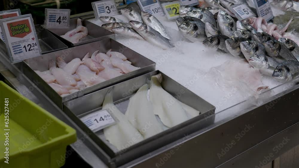 Fresh fish on ice on market, catch of the day Fresh fish on ice on market, catch of the day