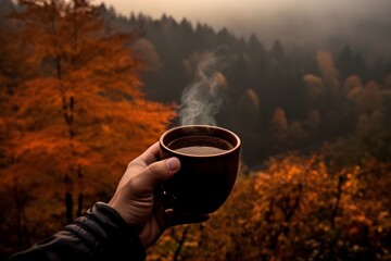 A cozy image featuring a hand holding a steaming cup of coffee, set against the vibrant backdrop of an autumn forest. 
The photo invokes warm feelings associated with sipping hot drinks on cool fall d