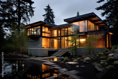 Contemporary residence located in Oregon during the evening hours