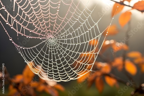 Canvastavla A mesmerizing close-up photo of dew drops delicately clinging to a spider web on a crisp autumn morning