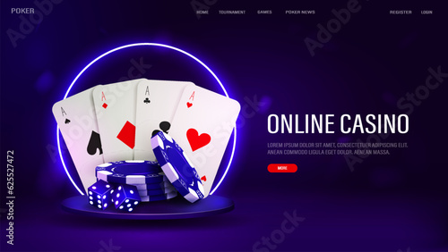 A web banner with cards, chips and dice for poker on the podium with a neon frame on a blue background. A casino-themed concept for a website with text.