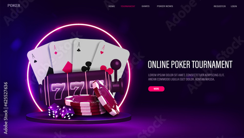A web banner with poker cards, dice, chips and a slot machine on the podium with a neon bright frame in blue and purple. A concept for a casino.