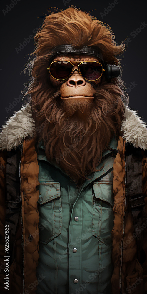 Fun hipster Bigfoot portrait dressed in clothing. Conceptual liberal Sasquatch disguised in human clothes.