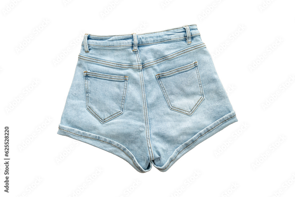 Cute elegant denim shorts with a ribbon at the waist, isolated on a white background. Rear view Cute elegant denim shorts with a ribbon at the waist, isolated on a white background. Rear view