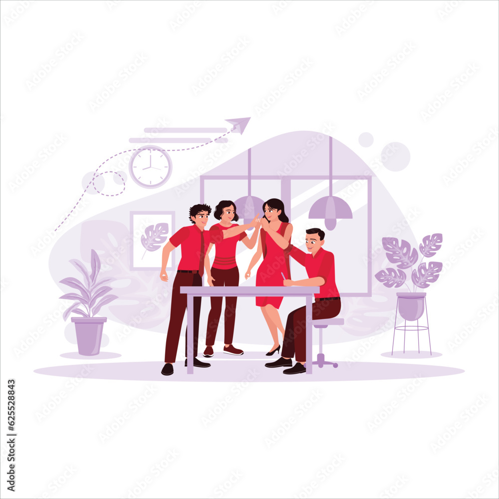 Group of young businesspeople laughing happily while collaborating on a new project in the office. Trend Modern vector flat illustration