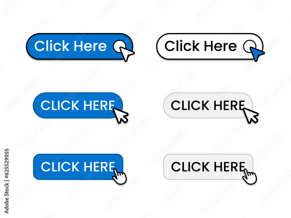 Click here web buttons with hand cursor. Set of action button click here with arrow pointer. Click button. Modern action button mouse click symbol. Computer mouse click cursor or Hand pointer symbol
Click here web buttons with hand cursor. Set of action button click here with arrow pointer. Click button. Modern action button mouse click symbol. Computer mouse click cursor or Hand pointer symbol