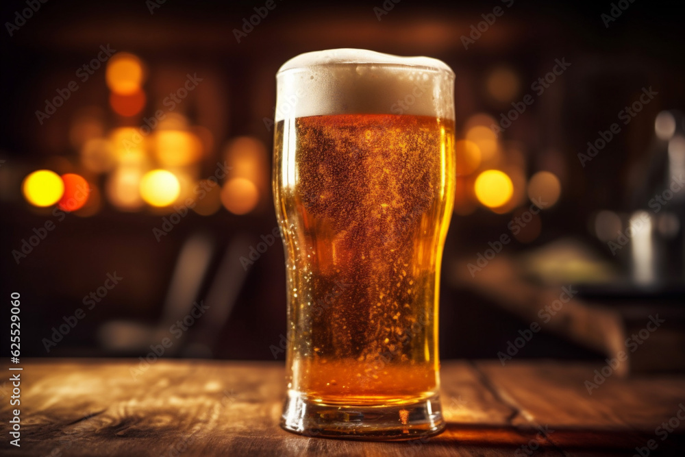 beer foam pint drink pub lager beverage gold alcohol glass. Generative AI.