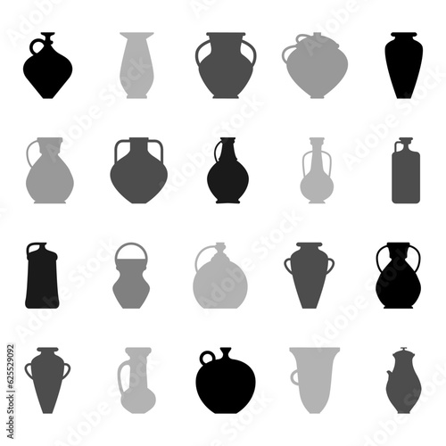 Vector illustration with collection of ancient ceramic objects. Set includes amphoras, jugs, jars, and bowls, made on a potters wheel. Black and gray pottery flat silhouette style