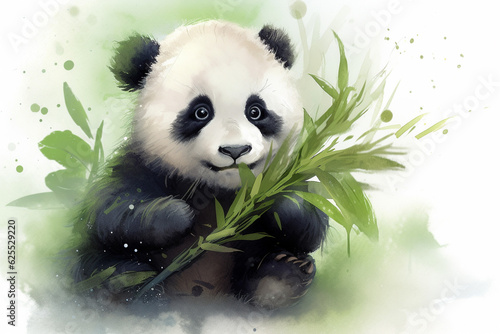 Baby Panda with bamboo branch. water color
