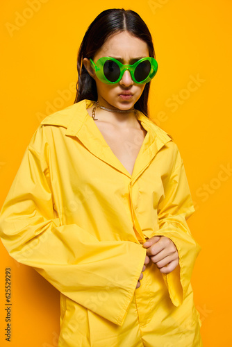 woman beautiful attractive joy young sunglasses fashion girl lifestyle yellow trendy