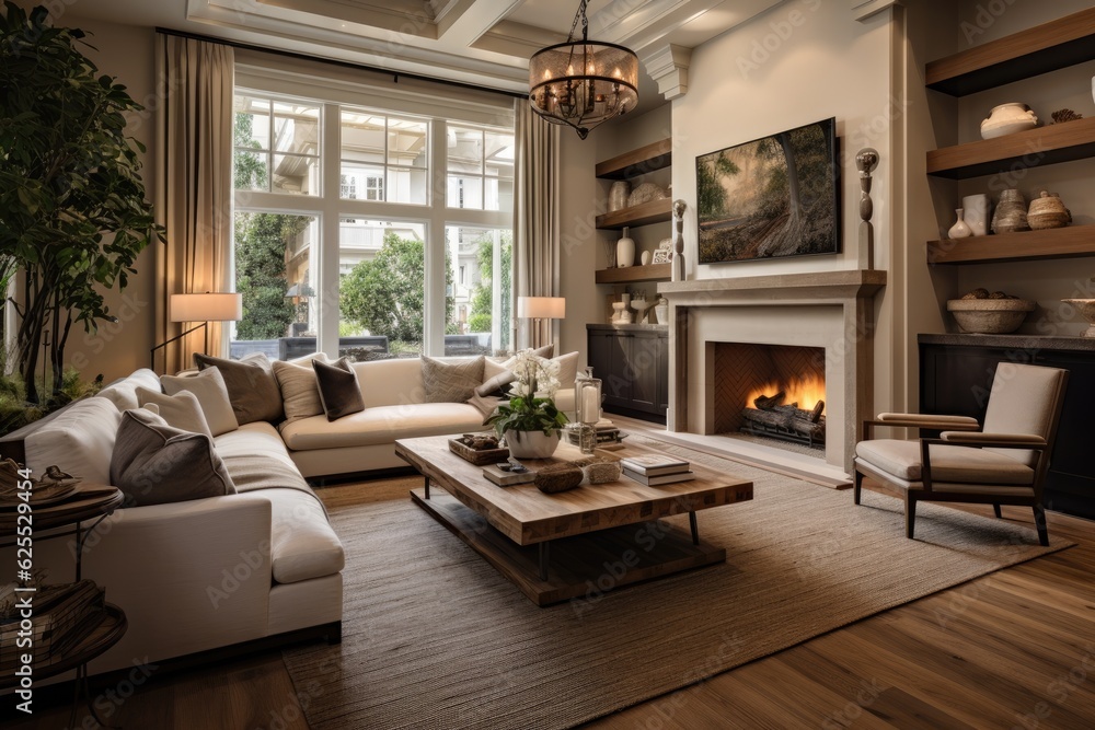 Stunning living space in a recently built extravagant residence, featuring elegant hardwood flooring, a cozy fireplace, and a comfortable couch. Stunning living space in a recently built extravagant residence, featuring elegant hardwood flooring, a cozy fireplace, and a comfortable couch.