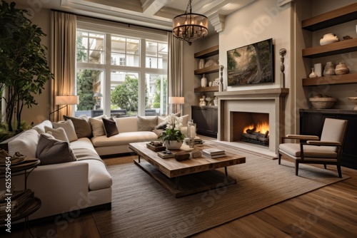 Stunning living space in a recently built extravagant residence, featuring elegant hardwood flooring, a cozy fireplace, and a comfortable couch.