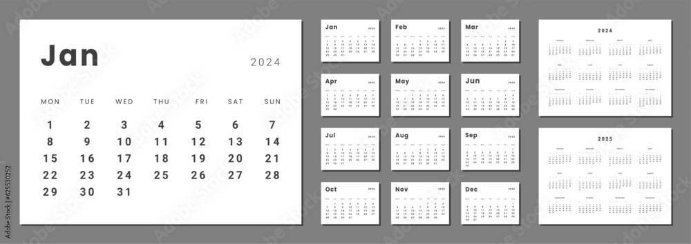 Set of monthly calendar planner page templates for 2024, 2025. Vector layout of wall or desk minimalist calendar with week start on Monday for print Set of monthly calendar planner page templates for 2024, 2025. Vector layout of wall or desk minimalist calendar with week start on Monday for print