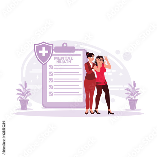 A stressed woman is comforted by a psychiatrist in a hospital mental health center. Trend modern vector flat illustration.