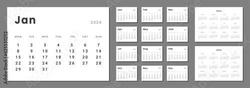 Set of monthly calendar planner page templates for 2024, 2025. Vector layout of wall or desk minimalist calendar with week start on Monday for print