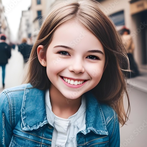The girl is smiling on the street. AI generated
