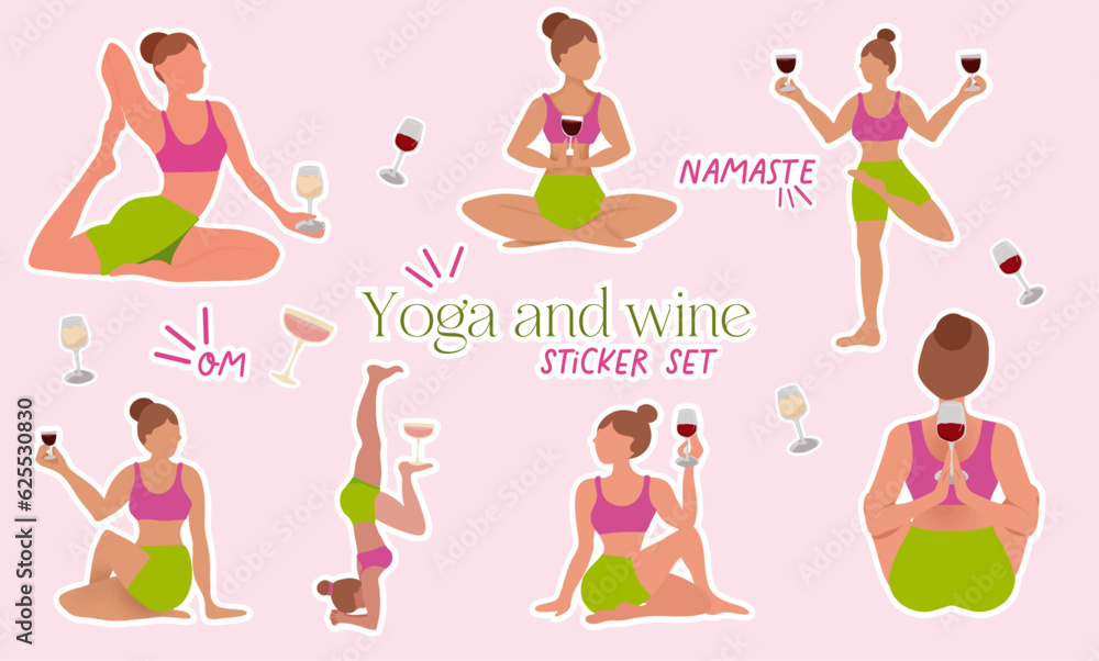 Vector Yoga and Wine sticker set. Girl with wine glass doing yoga, asana, meditation. Funny and colorful vector stickers Vector Yoga and Wine sticker set. Girl with wine glass doing yoga, asana, meditation. Funny and colorful vector stickers