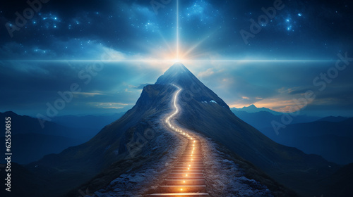 成功への道、コンセプト、山を登る光り輝く道、Generative AI