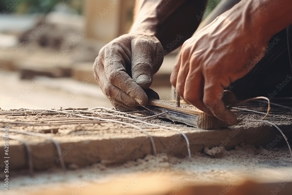 Close up of a worker's hand in a protective glove working on a construction site. Professional construction worker. Generative AI technology. Close up of a worker's hand in a protective glove working on a construction site. Professional construction worker. Generative AI technology.