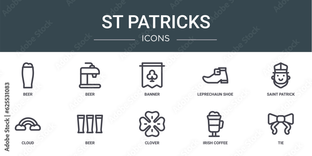 set of 10 outline web st patricks icons such as beer, beer, banner, leprechaun shoe, saint patrick, cloud, beer vector icons for report, presentation, diagram, web design, mobile app