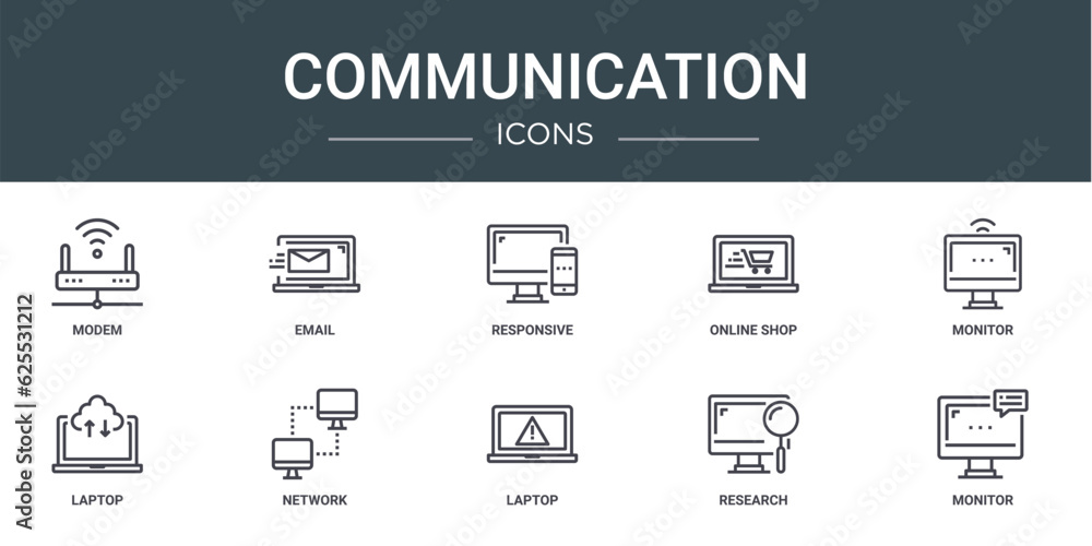 set of 10 outline web communication icons such as modem, email, responsive, online shop, monitor, laptop, network vector icons for report, presentation, diagram, web design, mobile app