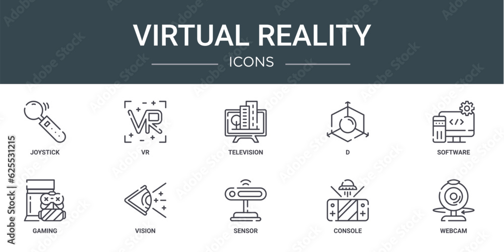 set of 10 outline web virtual reality icons such as joystick, vr, television, d, software, gaming, vision vector icons for report, presentation, diagram, web design, mobile app