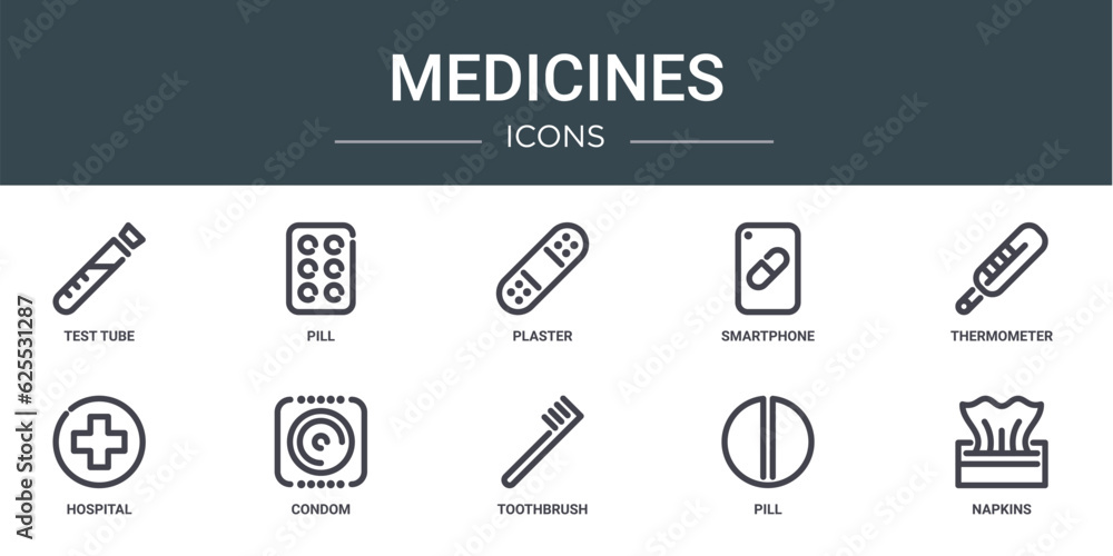 set of 10 outline web medicines icons such as test tube, pill, plaster, smartphone, thermometer, hospital, condom vector icons for report, presentation, diagram, web design, mobile app set of 10 outline web medicines icons such as test tube, pill, plaster, smartphone, thermometer, hospital, condom vector icons for report, presentation, diagram, web design, mobile app