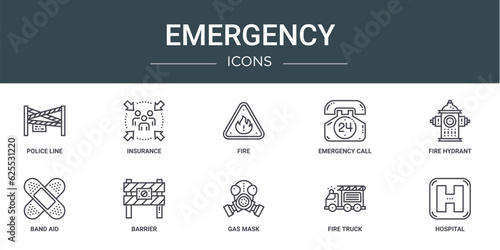 set of 10 outline web emergency icons such as police line, insurance, fire, emergency call, fire hydrant, band aid, barrier vector icons for report, presentation, diagram, web design, mobile app