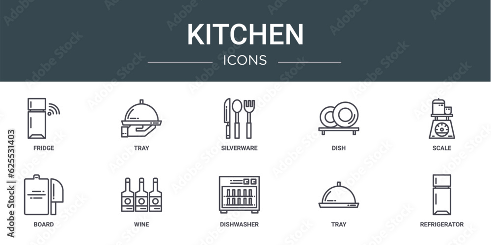 set of 10 outline web kitchen icons such as fridge, tray, silverware, dish, scale, board, wine vector icons for report, presentation, diagram, web design, mobile app