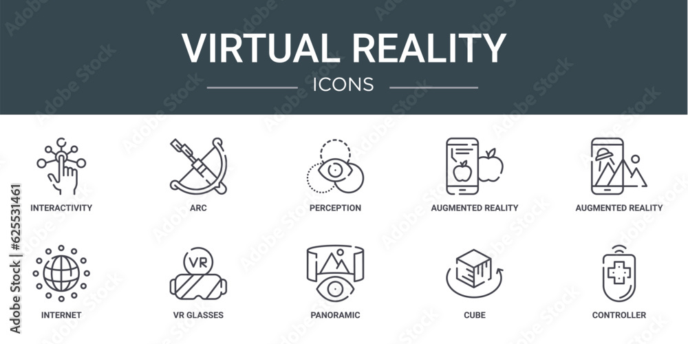set of 10 outline web virtual reality icons such as interactivity, arc, perception, augmented reality, augmented reality, internet, vr glasses vector icons for report, presentation, diagram, web