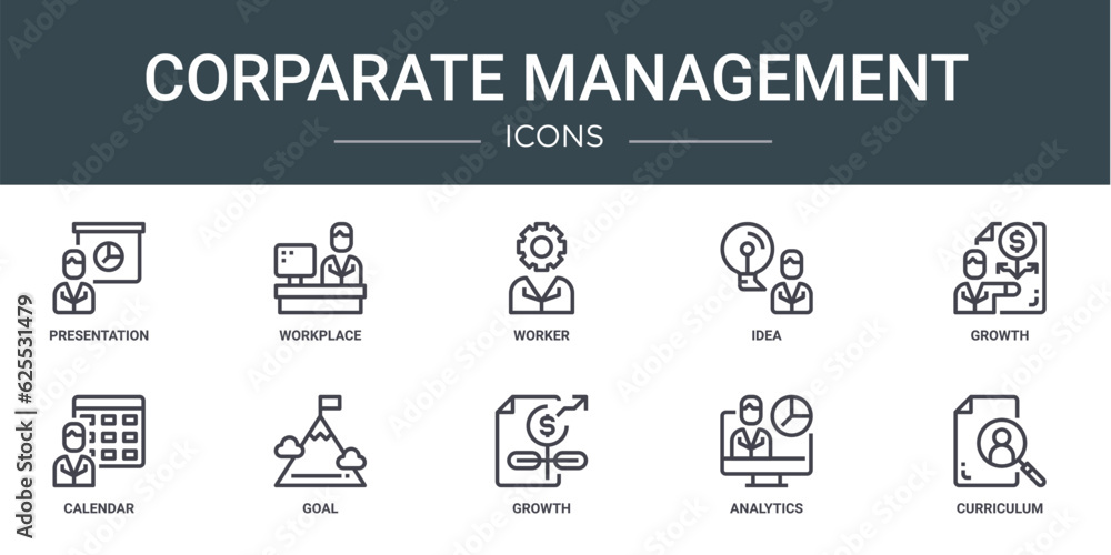 Fototapeta premium set of 10 outline web corparate management icons such as presentation, workplace, worker, idea, growth, calendar, goal vector icons for report, presentation, diagram, web design, mobile app