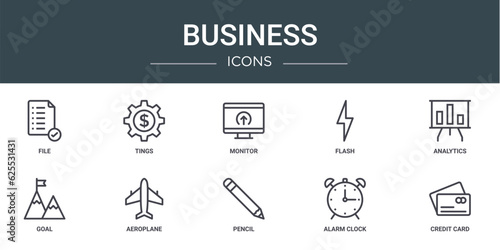 set of 10 outline web business icons such as file  tings  monitor  flash  analytics  goal  aeroplane vector icons for report  presentation  diagram  web design  mobile app