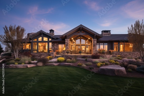 Luxurious single story ranch style home exterior illuminated by twilight. © 2rogan