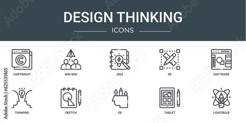 set of 10 outline web design thinking icons such as copyright, win win, idea, de, software, thinking, sketch vector icons for report, presentation, diagram, web design, mobile app