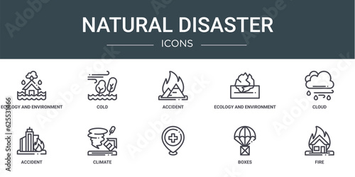 set of 10 outline web natural disaster icons such as ecology and environment, cold, accident, ecology and environment, cloud, accident, climate vector icons for report, presentation, diagram, web