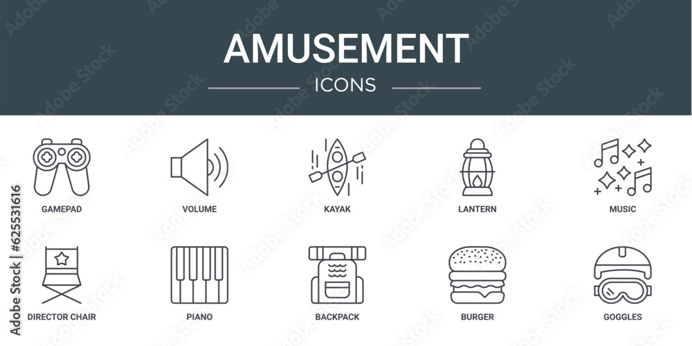 set of 10 outline web amusement icons such as gamepad, volume, kayak, lantern, music, director chair, piano vector icons for report, presentation, diagram, web design, mobile app