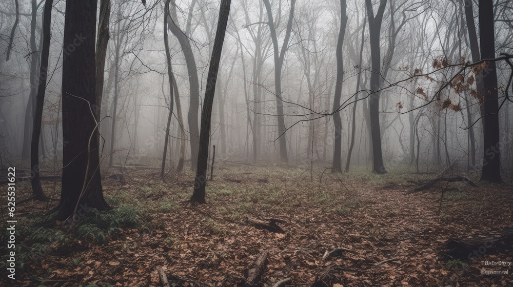 Autumn forest, dawn, dusk