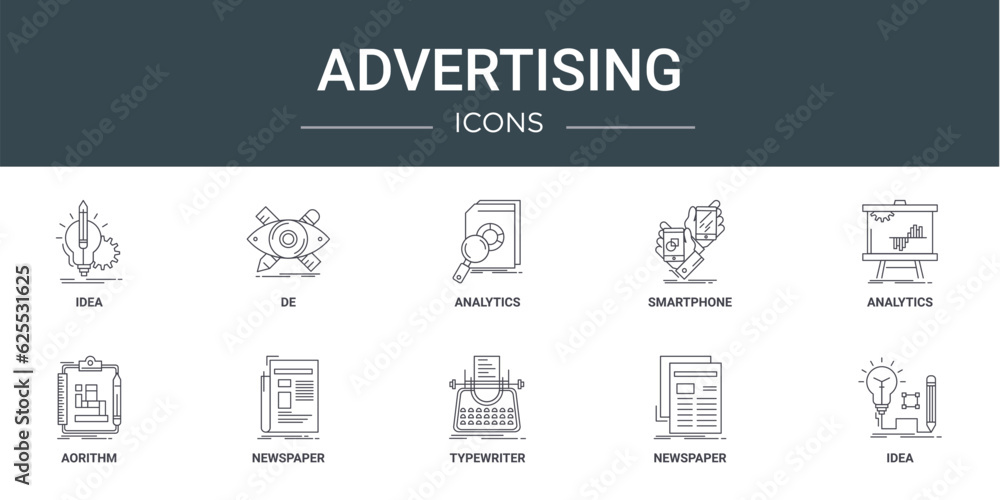 Fototapeta premium set of 10 outline web advertising icons such as idea, de, analytics, smartphone, analytics, aorithm, newspaper vector icons for report, presentation, diagram, web design, mobile app