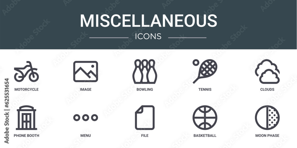set of 10 outline web miscellaneous icons such as motorcycle, image, bowling, tennis, clouds, phone booth, menu vector icons for report, presentation, diagram, web design, mobile app