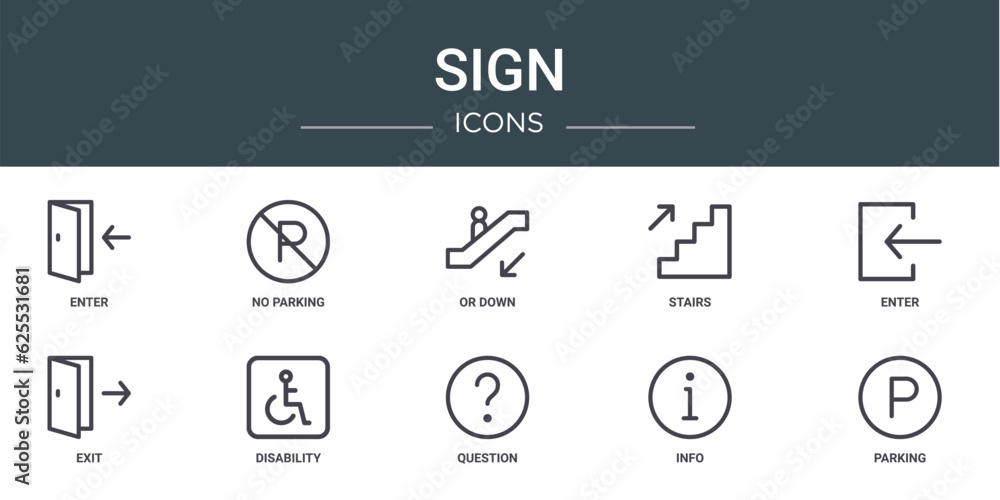 set of 10 outline web sign icons such as enter, no parking, or down, stairs, enter, exit, disability vector icons for report, presentation, diagram, web design, mobile app set of 10 outline web sign icons such as enter, no parking, or down, stairs, enter, exit, disability vector icons for report, presentation, diagram, web design, mobile app