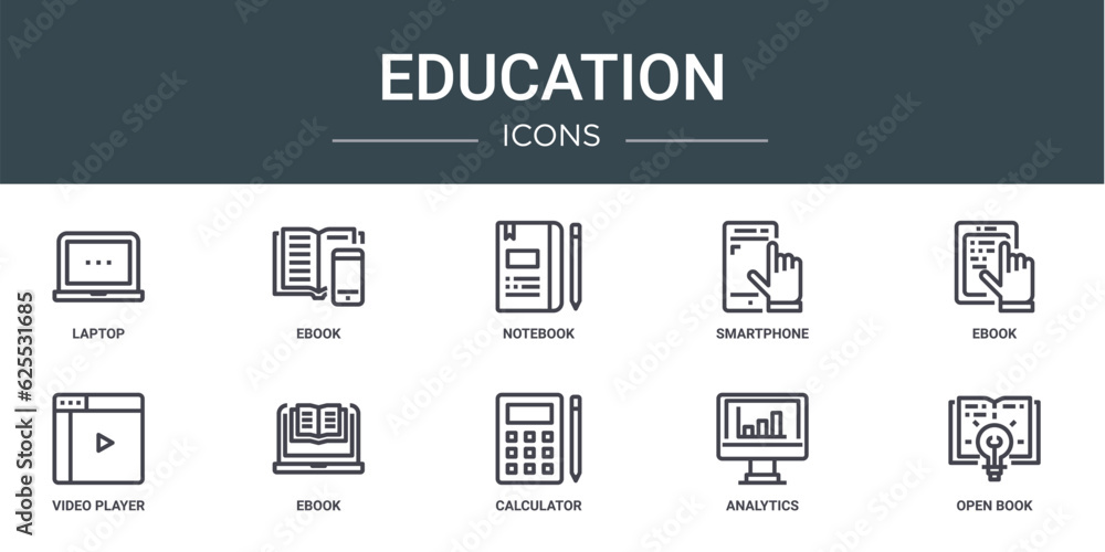 set of 10 outline web education icons such as laptop, ebook, notebook, smartphone, ebook, video player, ebook vector icons for report, presentation, diagram, web design, mobile app